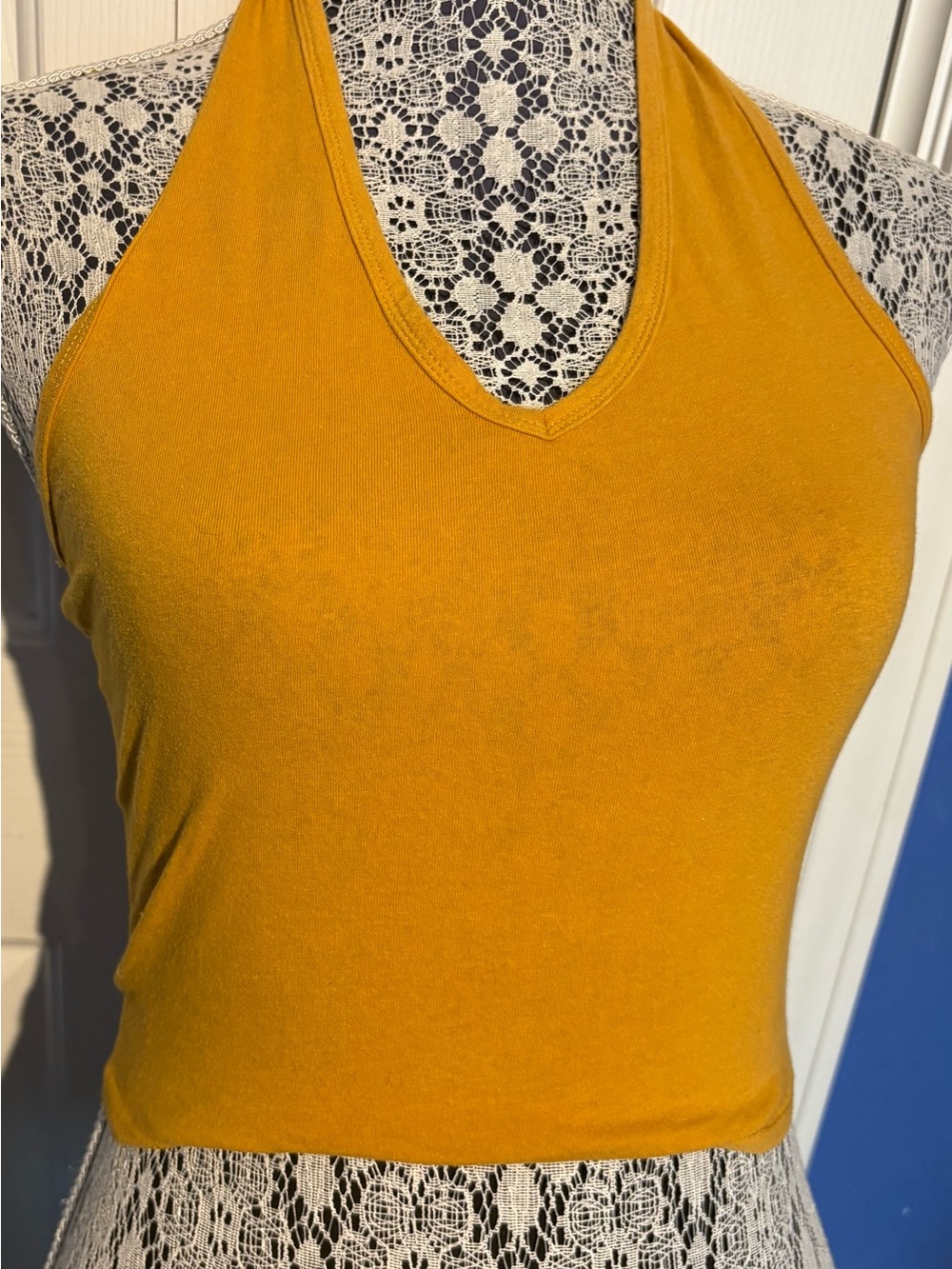 Bozzolo Mustard Yellow Halter V-Neck Crop Tank
